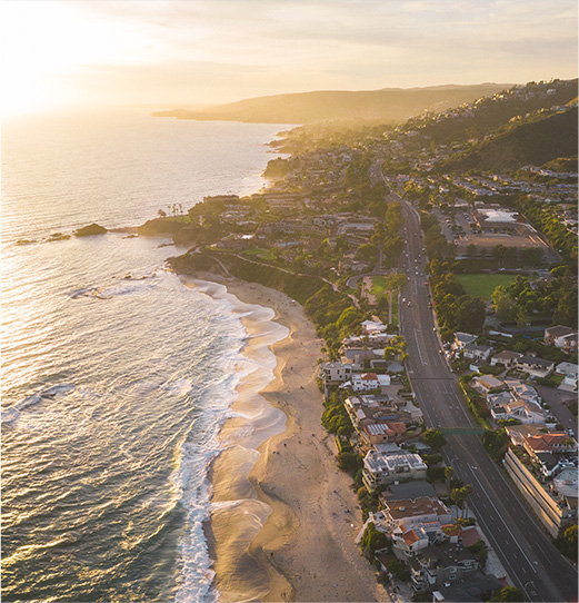 Laguna Beach aerial coastline at sunset