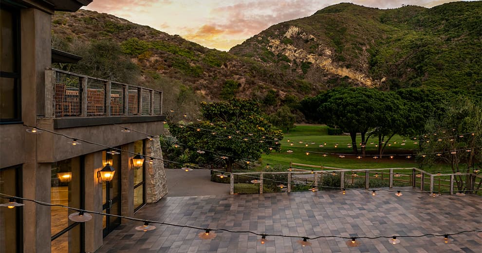 A view of the patio in the evening
