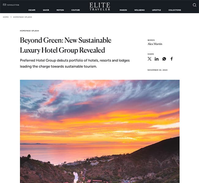 A screenshot of the Elite Traveler article