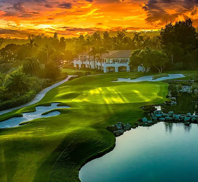 Sunset over golf course. 