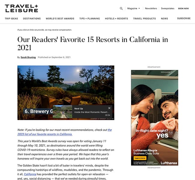 A screenshot of the Travel + Leisure article