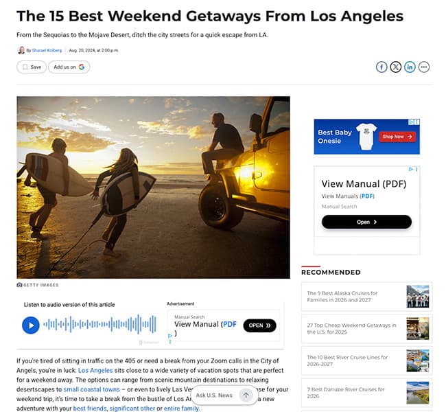 A screenshot of the US News article
